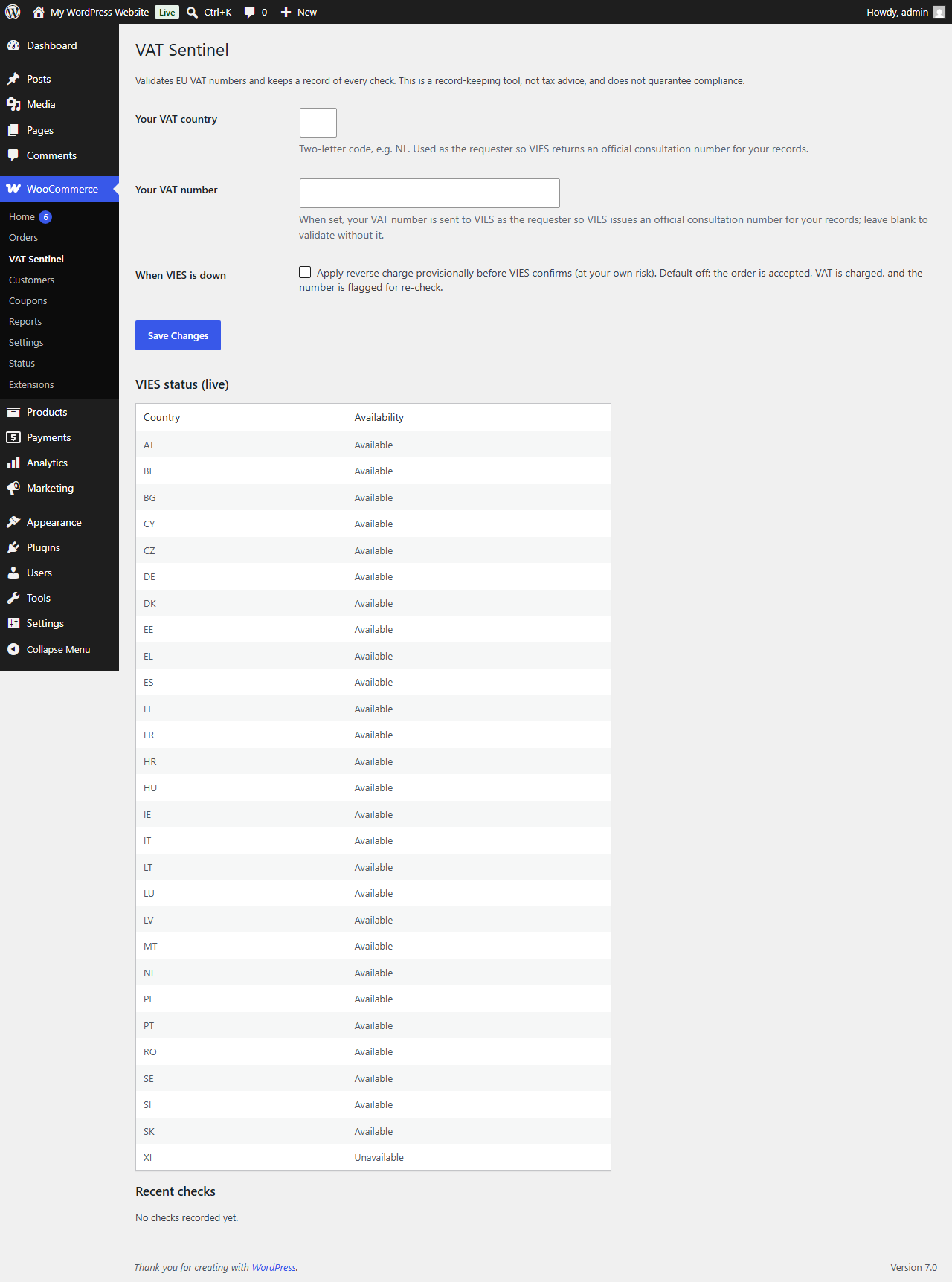 VAT Sentinel admin panel showing live per-country VIES status