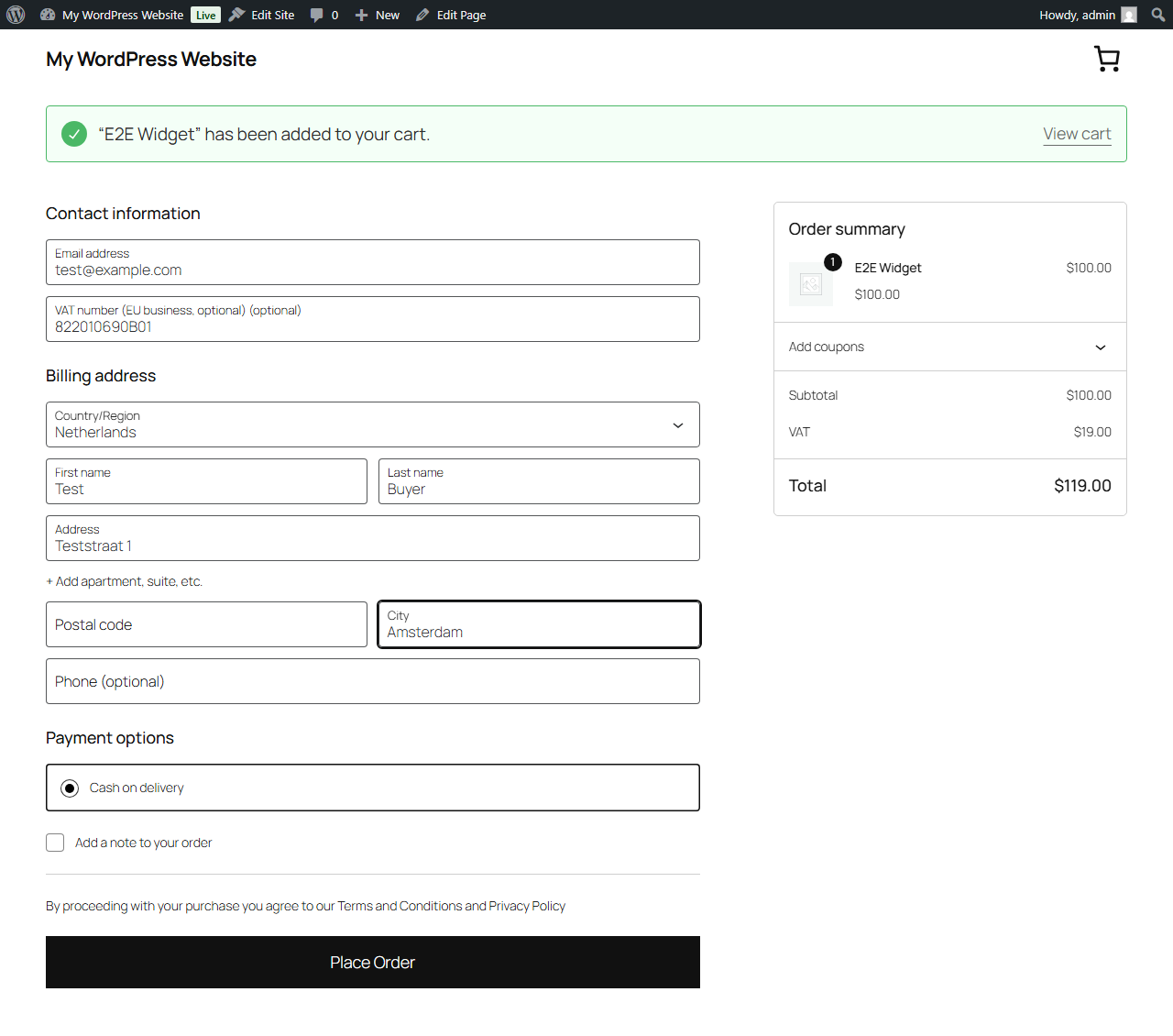 WooCommerce block checkout with a valid VAT number and VAT removed by reverse charge